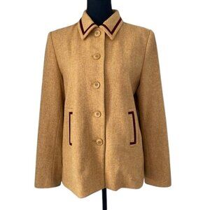 PHILLIPE ADEC Camel Wool Blend Tweed Jacket with Burgundy Trim Sz 6